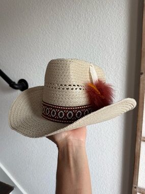 Boutique Kids Straw Cowboy Hat with Aztec Geometric Band & Feather NWOT